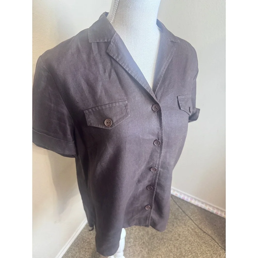 JM Collection Petite Brown 100% Linen Button Up Shirt Safari Coastal 10P camp